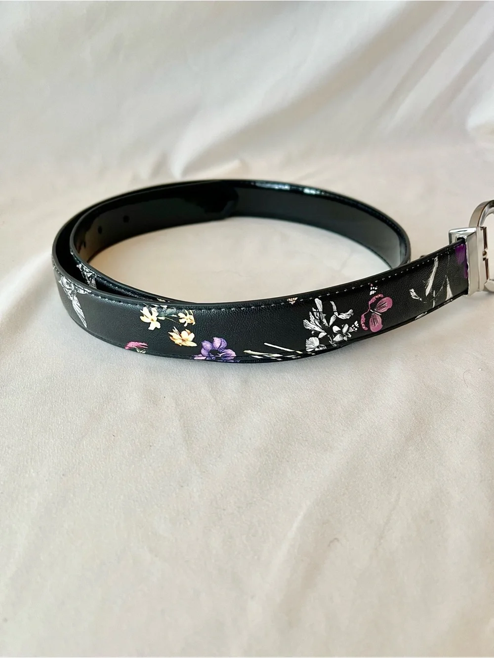 Reversible Black Floral Butterfly Women's Belt with Silver Round Buckle
